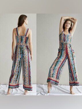 NWoT Anthropologie Calais Floral Patchwork Wide-Leg Jumpsuit Pocket